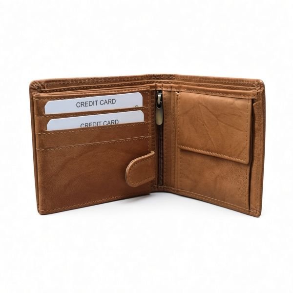 Men’s Premium Tan Brown Leather Wallet – Multi-Card Bifold Wallet with Zipper Coin Pocket