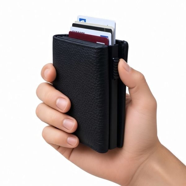 Premium RFID Blocking Black Leather Card Holder Wallet with Zipper Pocket & Pop-Up Card Mechanism