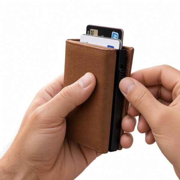 Premium RFID Blocking Tan Leather Card Holder Wallet with Zipper Pocket & Pop-Up Card Mechanism