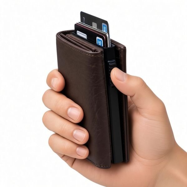 Premium RFID Blocking Brown Leather Card Holder Wallet with Zipper Pocket & Pop-Up Card Mechanism